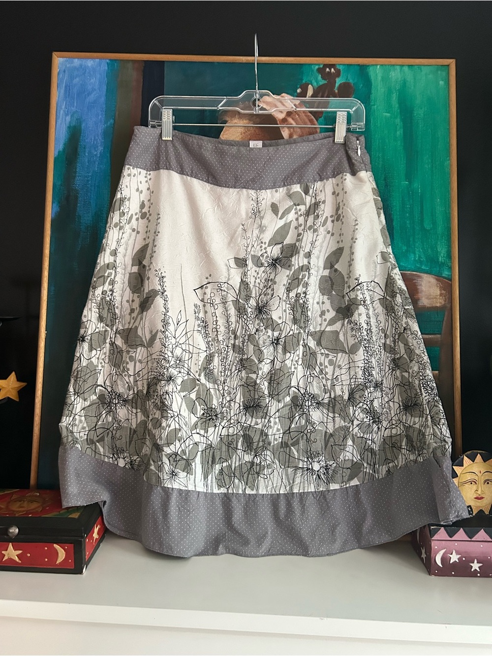Point Zero Grey Ivory Floral A-Line Midi Skirt Size 7/8 - Picture 11 of 14